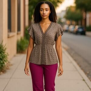 Max Studio Women's Blouse V Neck Ruffle Sleeve Tie Waist Business Casual Medium